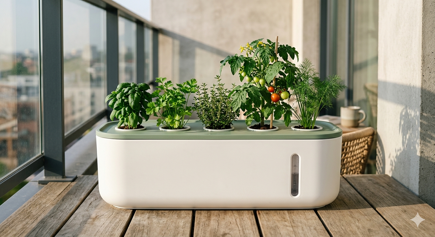 Happy Pod Starter Kit with herbs growing on a balcony