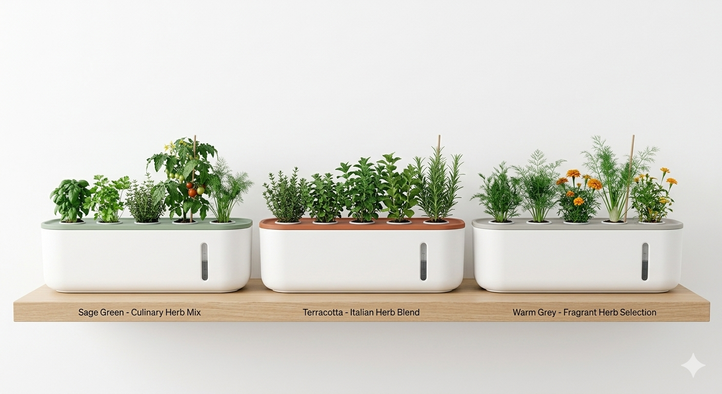 Happy Pod in three color variants with herbs growing